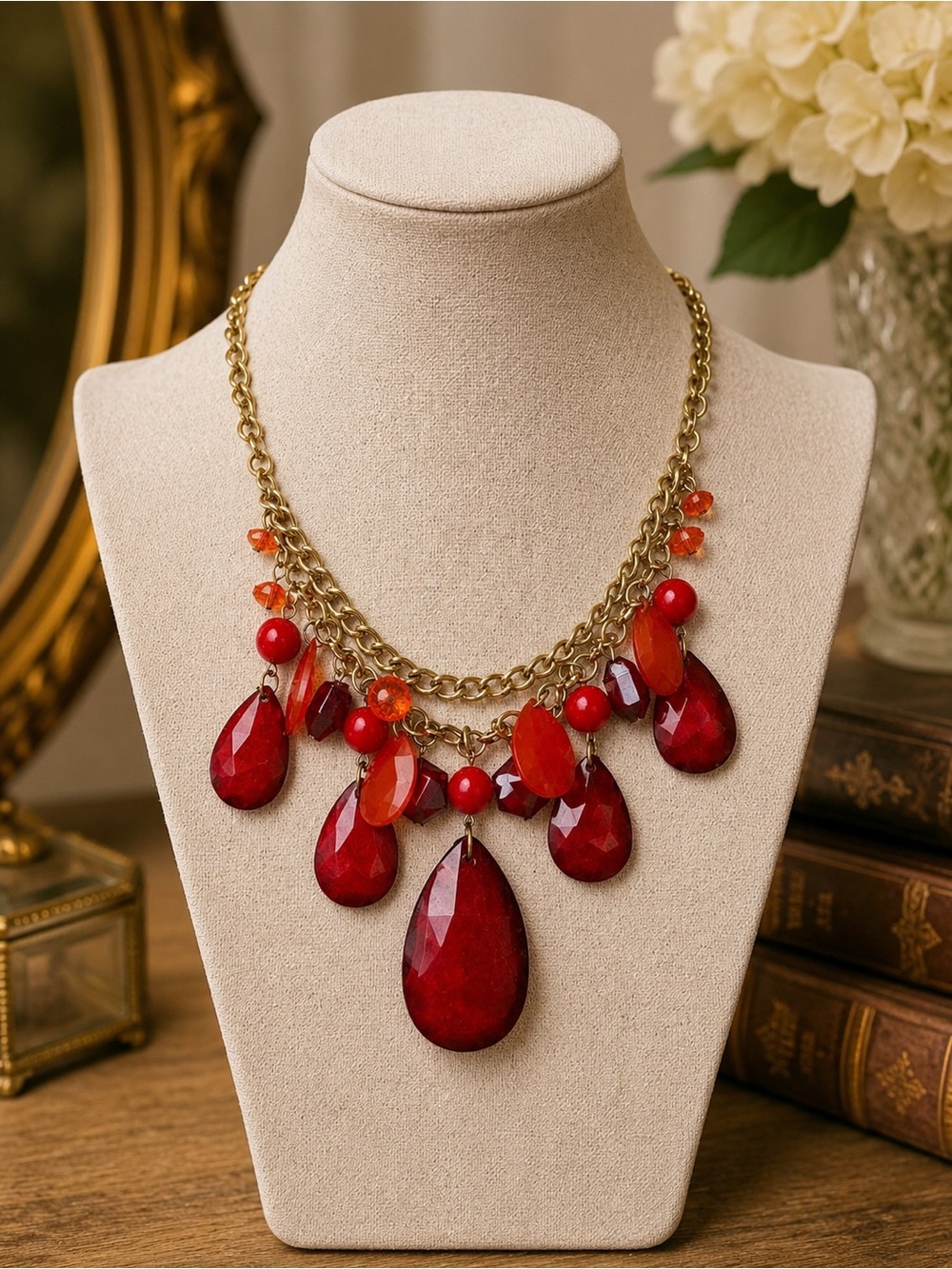You & I Red Statement Necklace Gold Tone Chain with Faceted Teardrop Stones